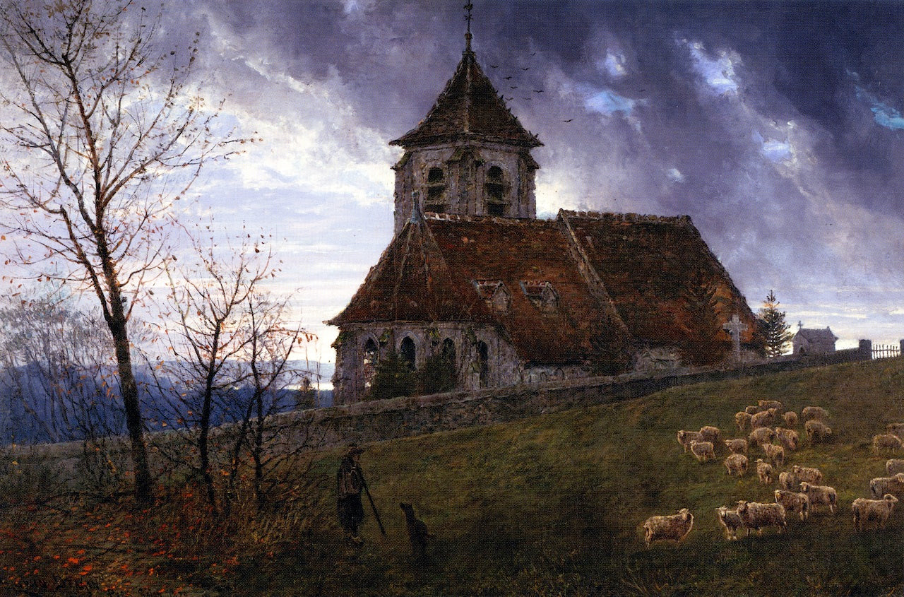 Église de Chelles, Le Soir, vintage artwork by Edwin Deakin, 12x8" (A4) Poster