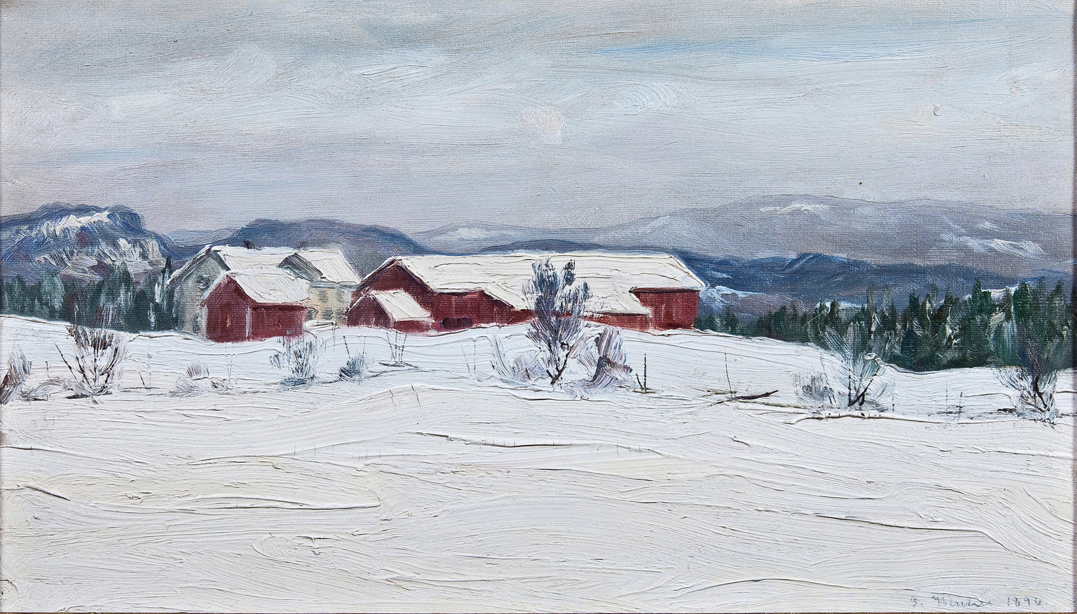 Farm in Asker, winter, vintage artwork by Gustav Wentzel, 12x8" (A4) Poster