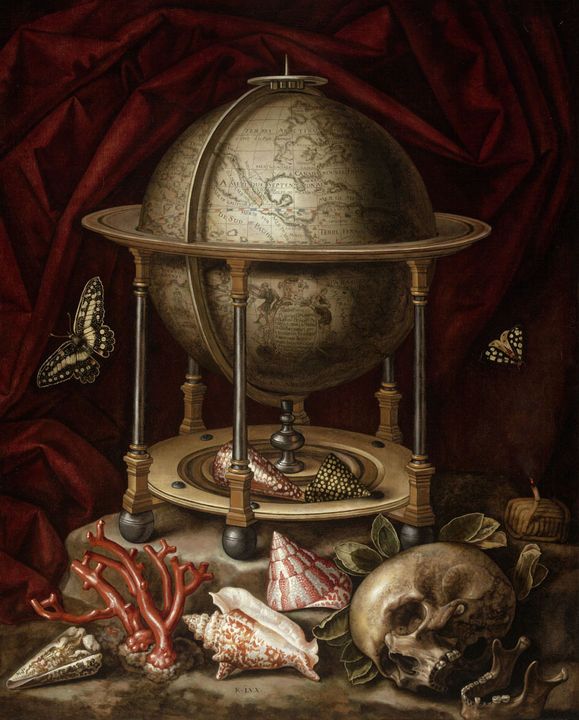 Vanitas Still Life with Terrestrial Globe, vintage artwork by Carstian Luyckx, 12x8" (A4) Poster