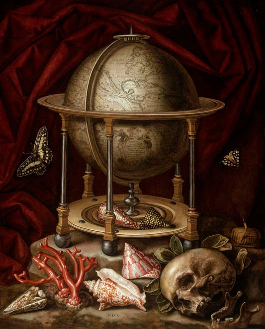 Vanitas Still Life with Terrestrial Globe, vintage artwork by Carstian Luyckx, 12x8" (A4) Poster