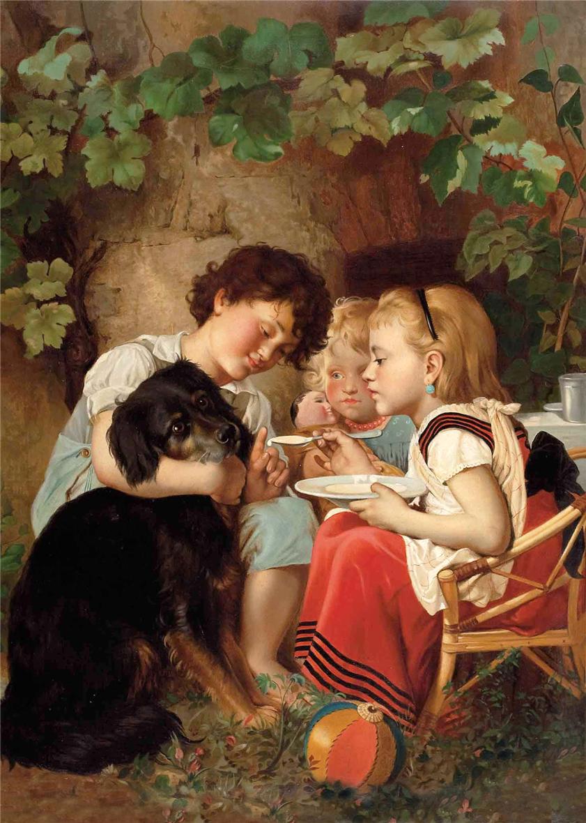 Three children feeding dog, vintage artwork by Carl Reichert, 12x8" (A4) Poster