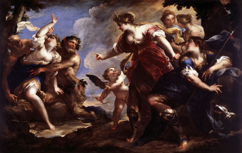 Diana and Actaeon with Pan and Sphinx, vintage artwork by Valerio Castello, 12x8" (A4) Poster