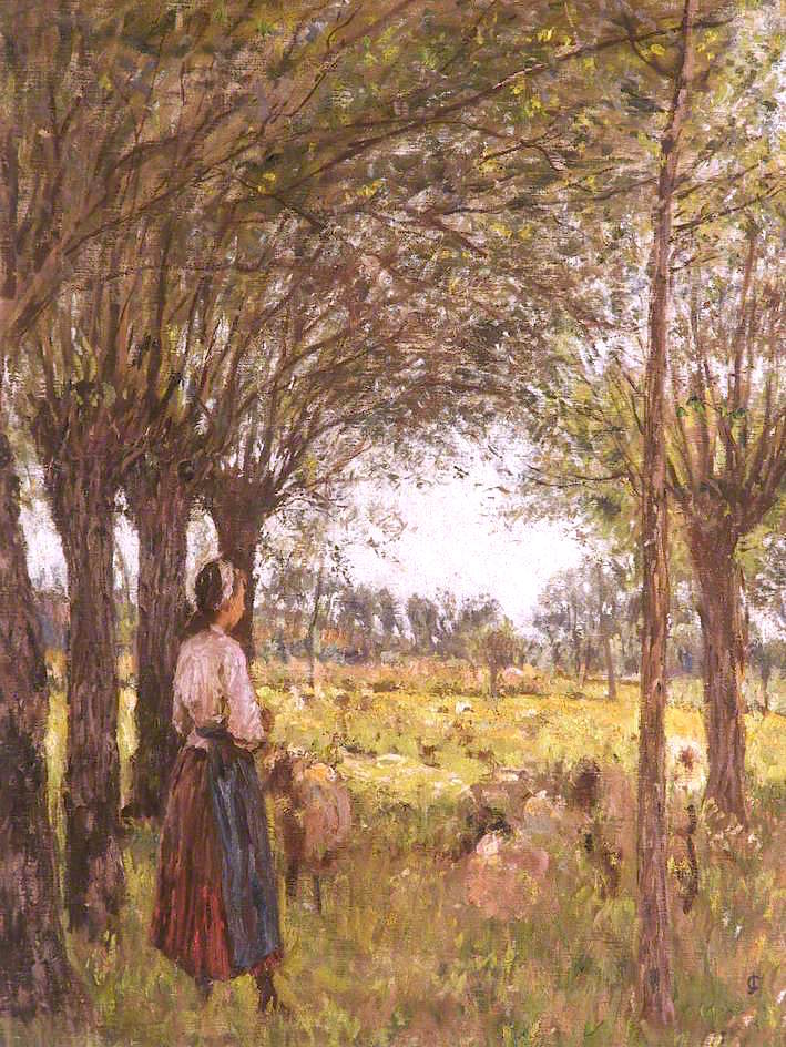 French Girl Minding Sheep, vintage artwork by James Charles, 12x8" (A4) Poster