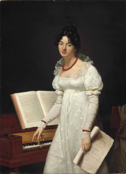 Portrait of a lady at a pianoforte holding a manuscript, vintage artwork by Adèle Romany, 12x8" (A4) Poster