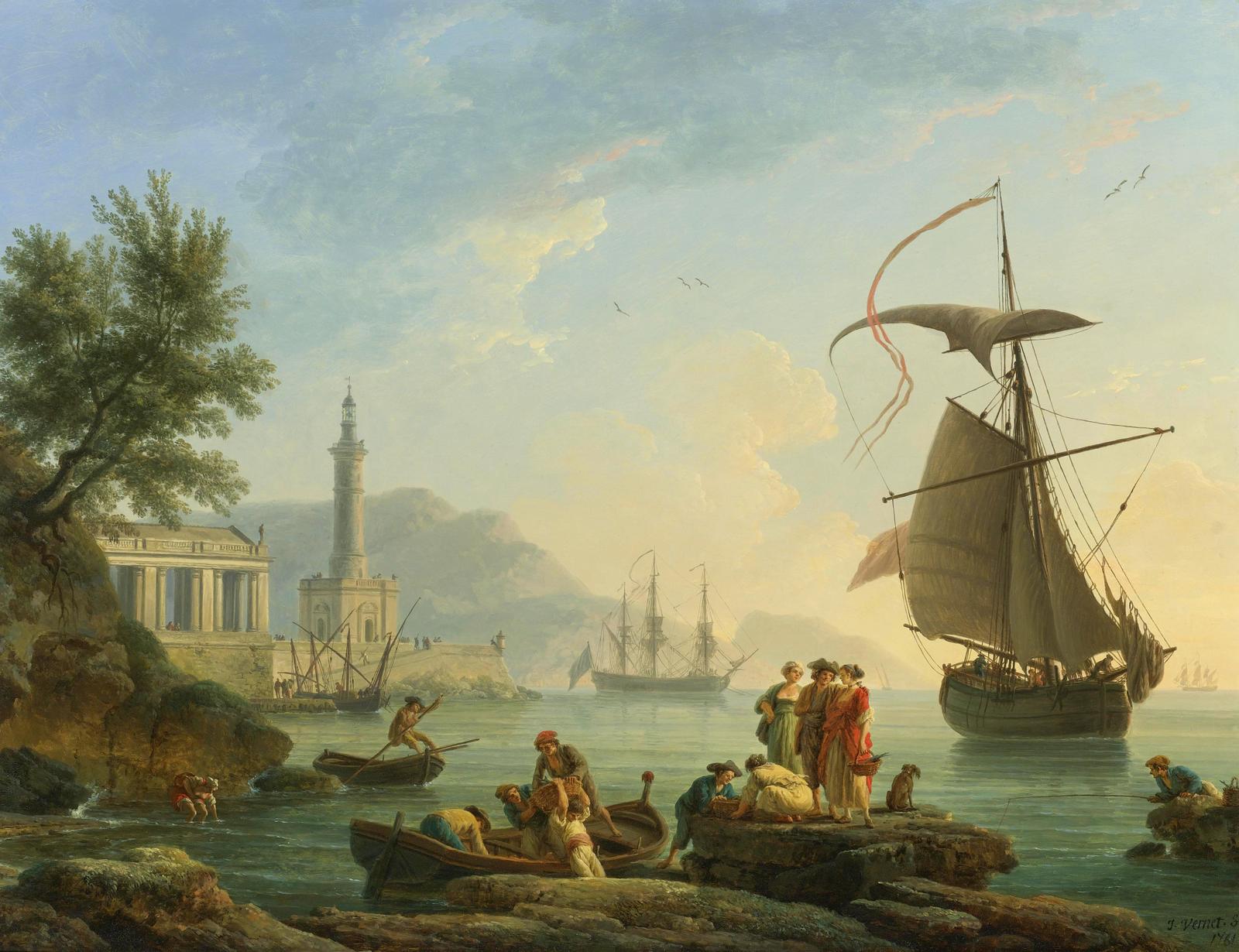A Mediterranean Harbor at Sunset with Fisherfolk at the Water's Edge, vintage artwork by Claude-Joseph Vernet, 12x8" (A4) Poster