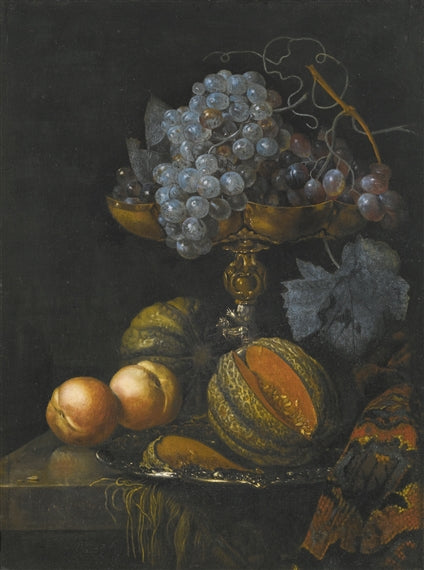 Still Life of Grapes and a Cut Melon, vintage artwork by Willem Kalf, 12x8" (A4) Poster