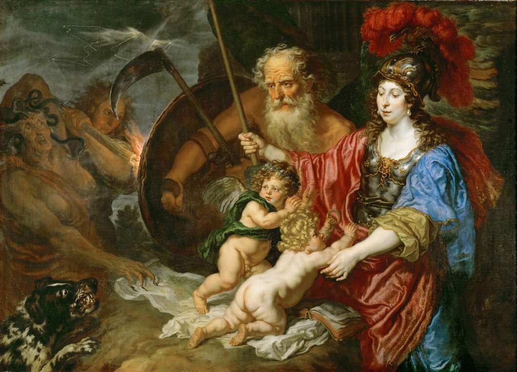 Minerva and Saturn protect Art and Science of envy and falsehood, vintage artwork by Joachim von Sandrart, 12x8" (A4) Poster