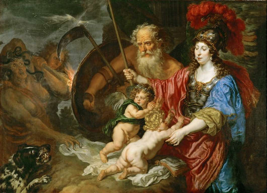 Minerva and Saturn protect Art and Science of envy and falsehood, vintage artwork by Joachim von Sandrart, 12x8" (A4) Poster