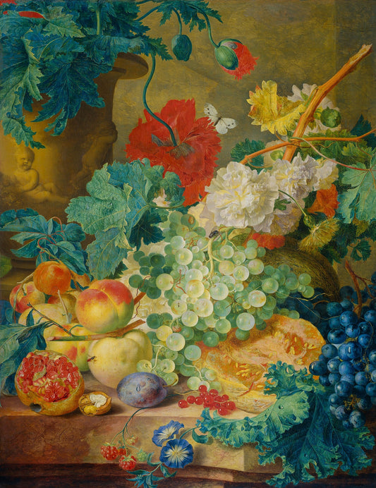 Still Life with Blossom and Grapes, vintage artwork by Jan van Huysum, 12x8" (A4) Poster