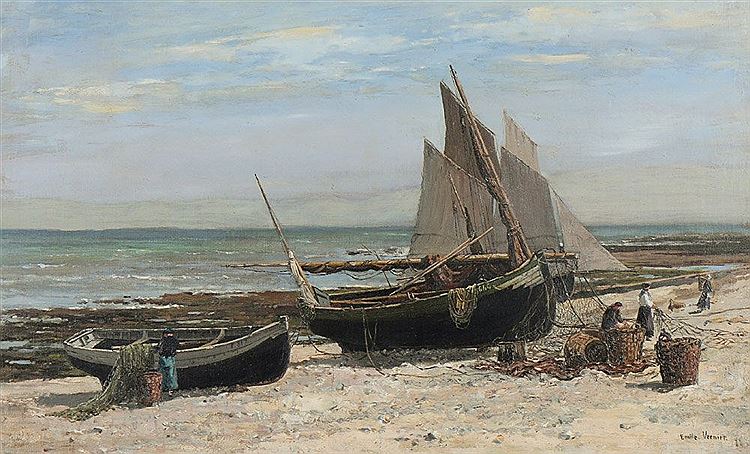 Fishing Boats on Beach in France, vintage artwork by Emile Louis Vernier, 12x8" (A4) Poster