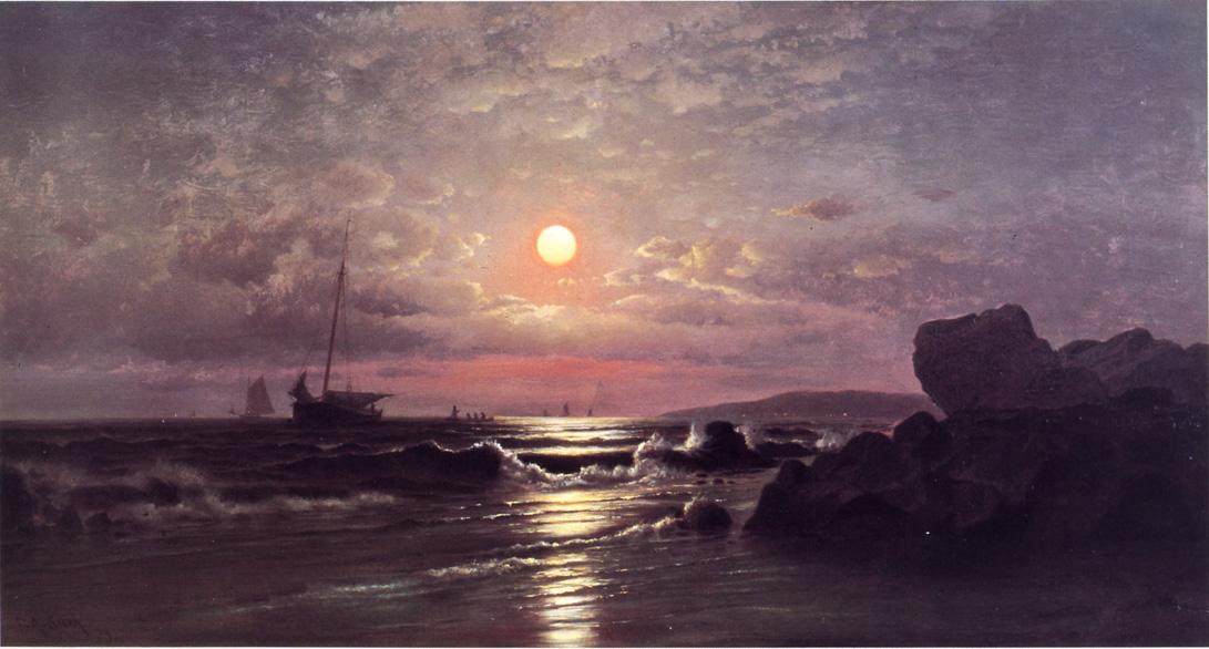 Moonrise on the New England Coast, vintage artwork by Francis A. Silva, 12x8" (A4) Poster