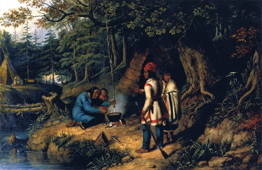 A Caughnawage Indian Encampment, vintage artwork by Cornelius Krieghoff, A3 (16x12") Poster Print