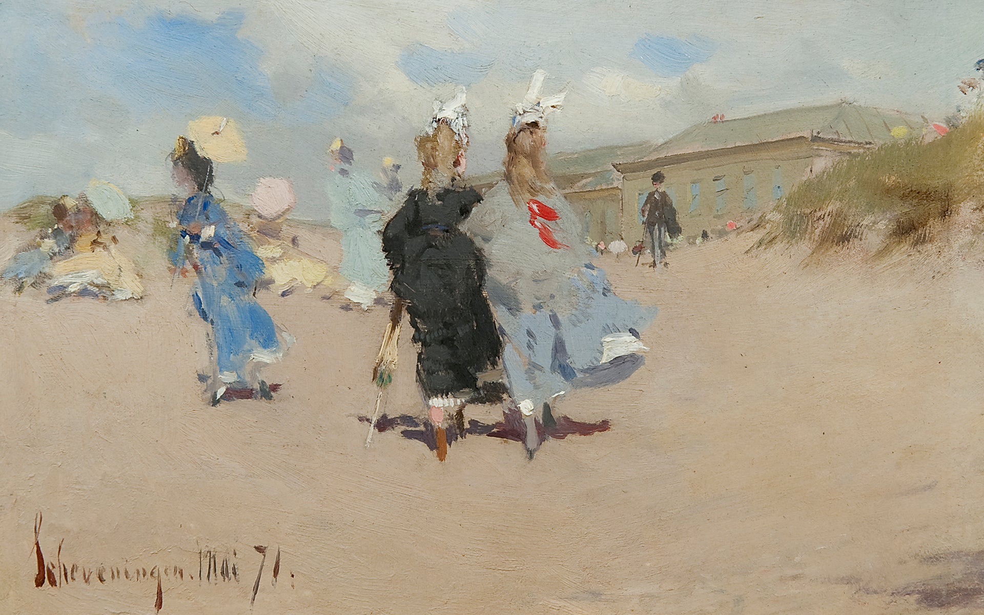 Elegant ladies at the Scheveningen Beach, vintage artwork by Frederik Henrdik Kaemmerer, 12x8" (A4) Poster