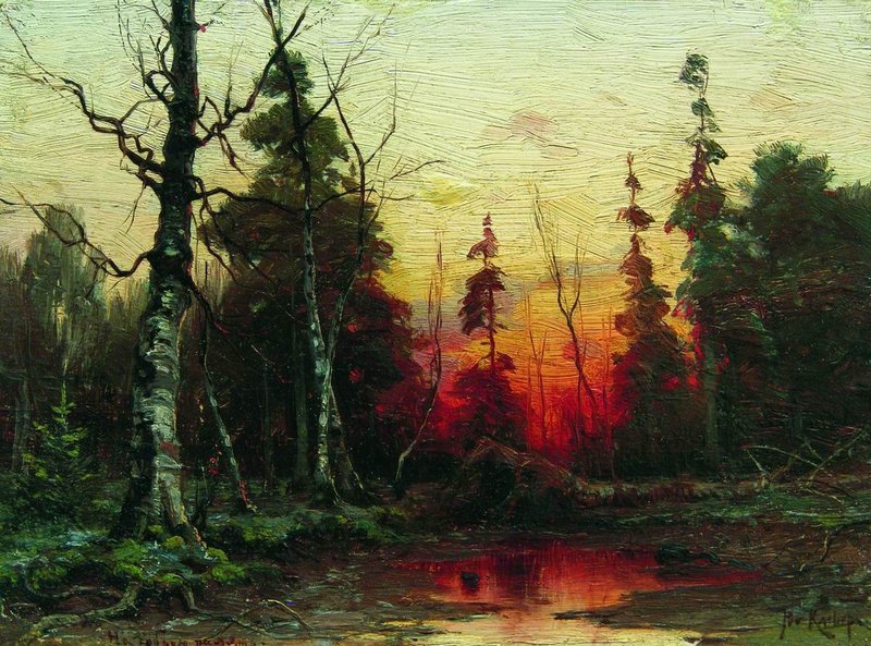 Sunset in the Forest, vintage artwork by Julius Klever, 12x8" (A4) Poster