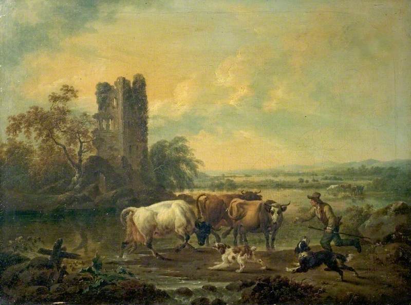 River with Cattle, vintage artwork by Philippe-Jacques de Loutherbourg, 12x8" (A4) Poster