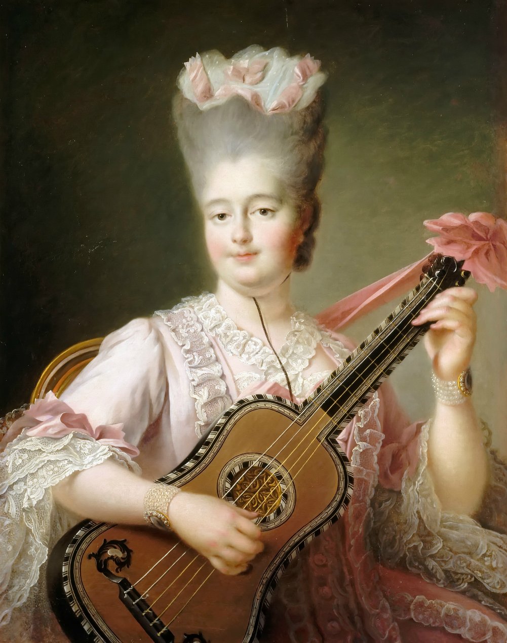Madame Clotilde playing the guitar, vintage artwork by François-Hubert Drouais, 12x8" (A4) Poster