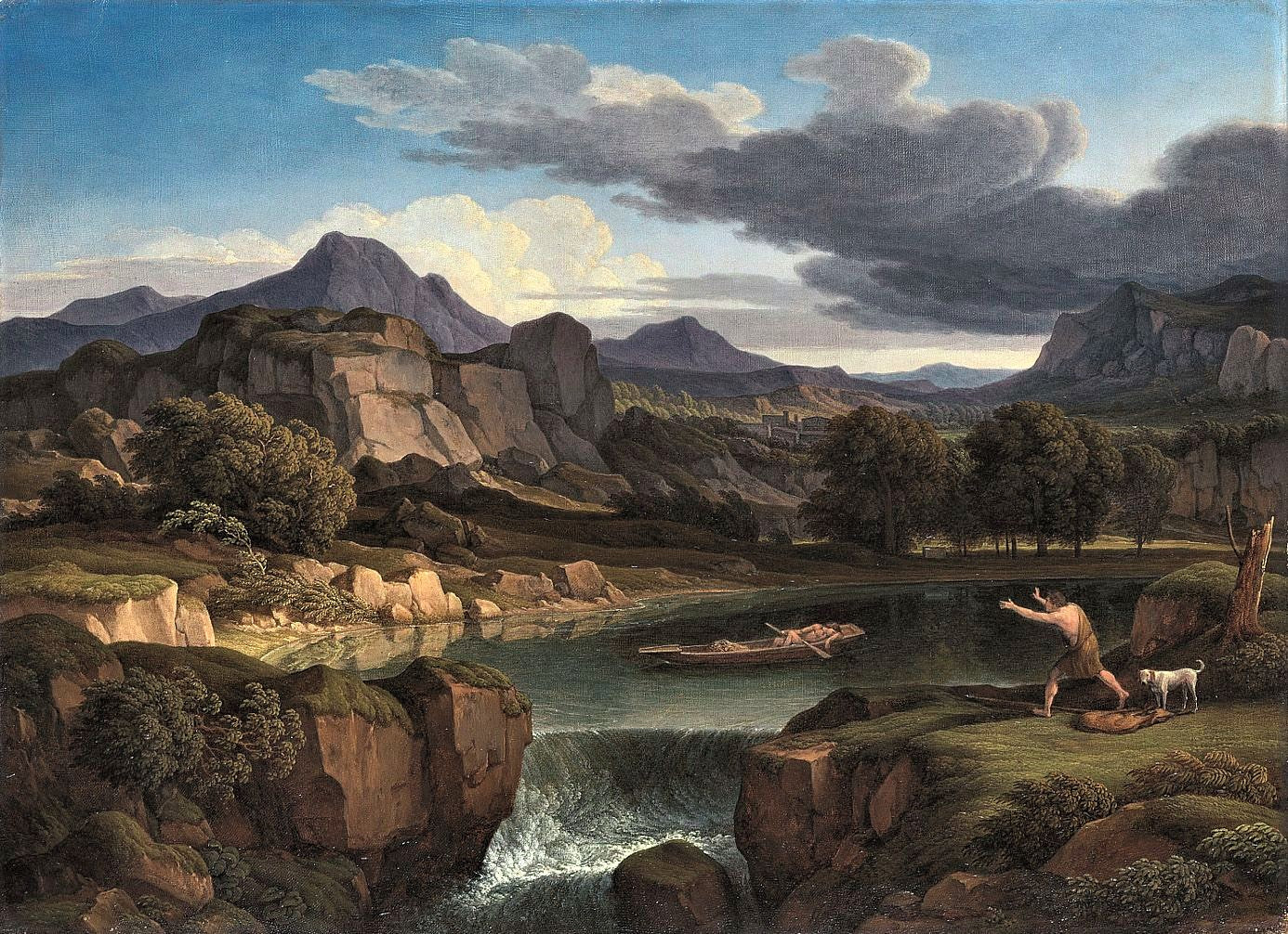 Landscape with mountain lake and waterfall during a Thunderstorm, vintage artwork by Johann Christian Reinhart, 12x8" (A4) Poster