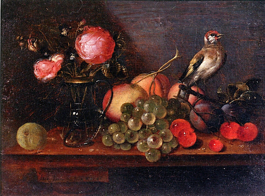 Still Life with Flowers, Fruit and Bird, vintage artwork by Alexander Adriaenssen, 12x8" (A4) Poster