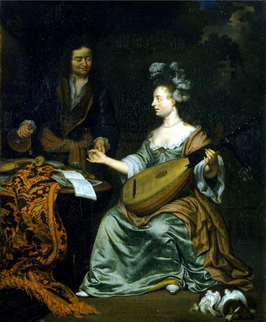 La Lecon de luth interrompue, vintage artwork by Michiel van Musscher, 12x8" (A4) Poster