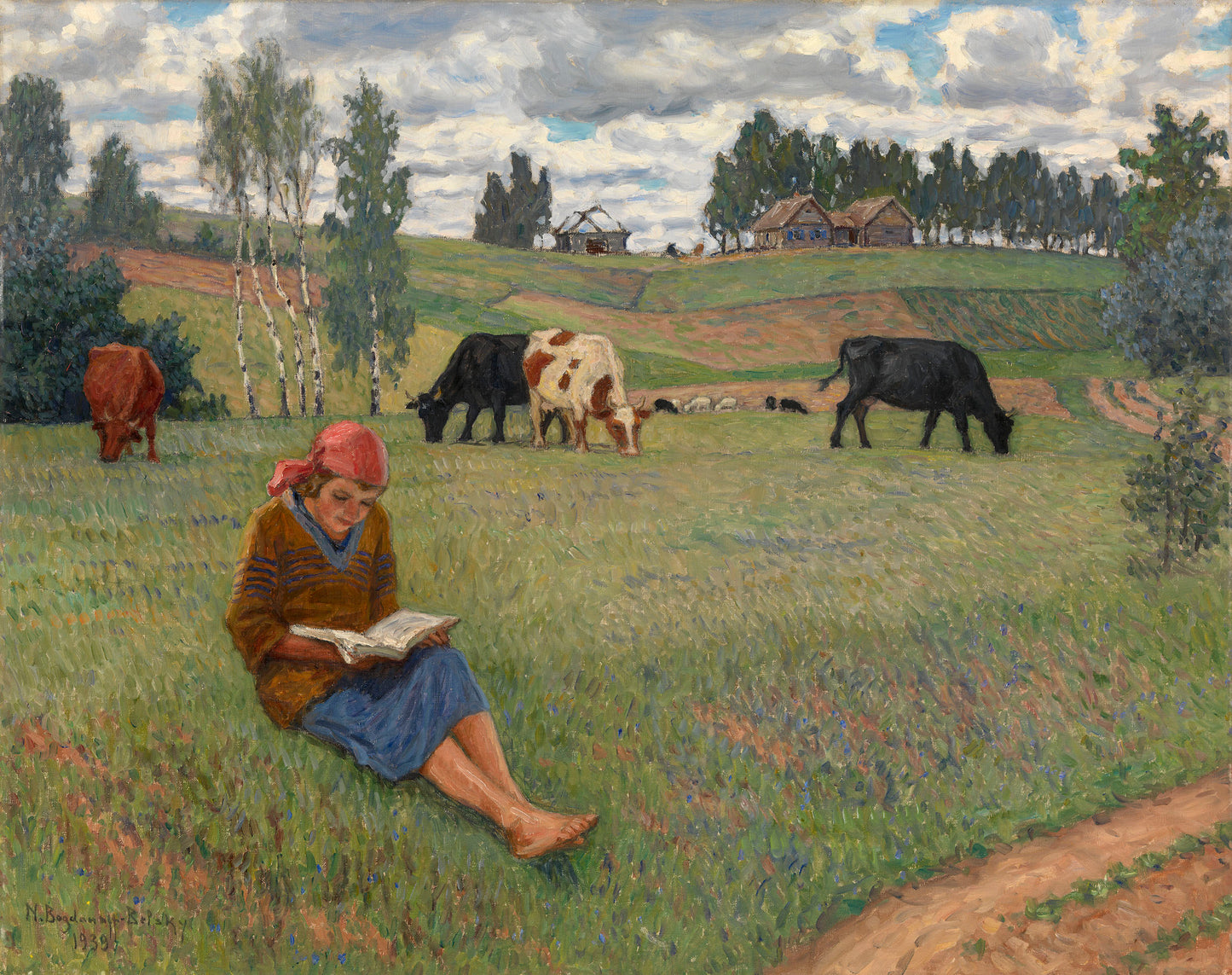 irl Reading in a Meadow by Nikolai Petrovich Bogdanov-Belsky,A3(16x12")Poster