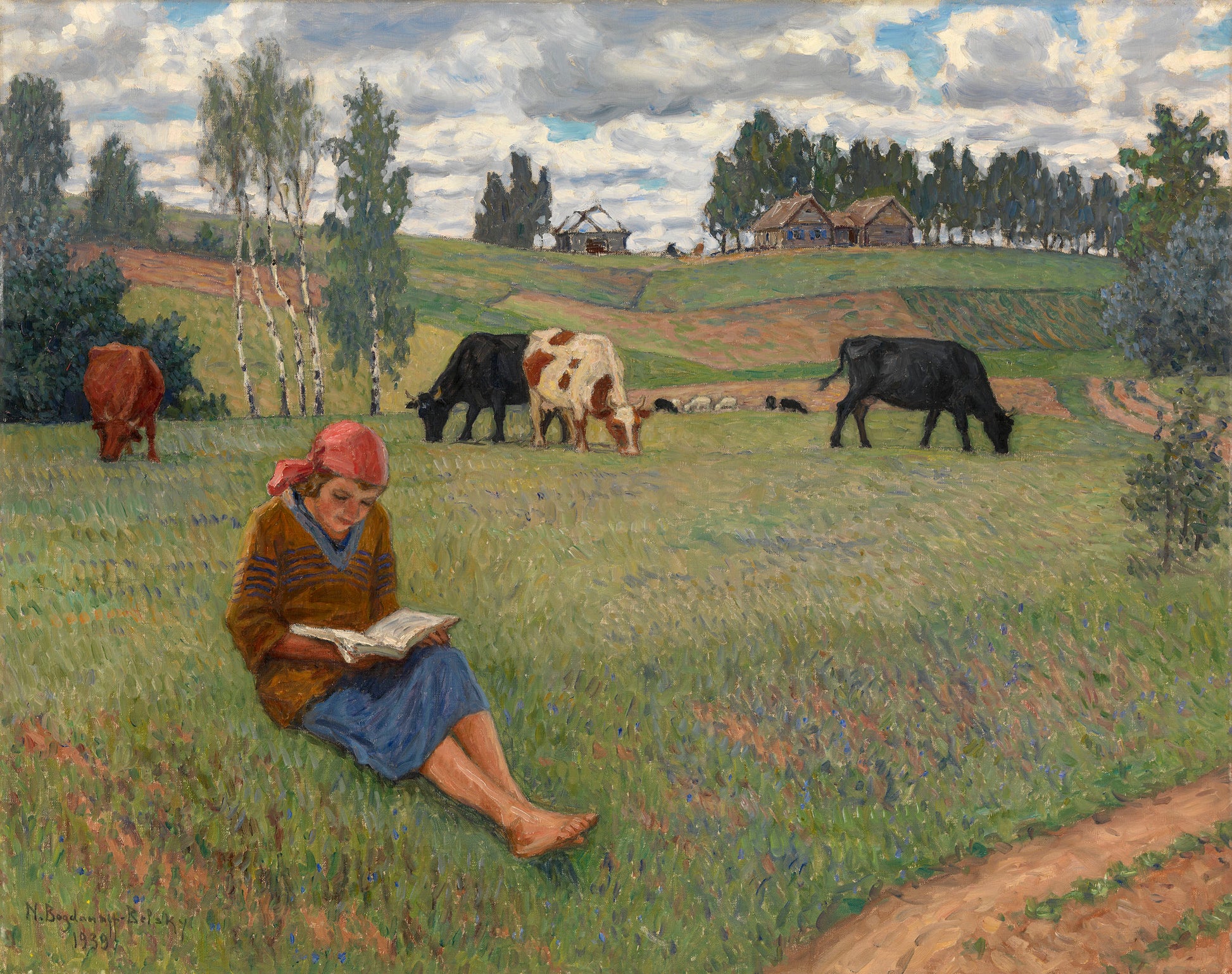 irl Reading in a Meadow by Nikolai Petrovich Bogdanov-Belsky,A3(16x12")Poster