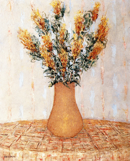 Still Life with Yellow flowers and Plaid Tablecloth, vintage artwork by Arnold Friedman, 12x8" (A4) Poster