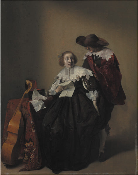 A Seated Woman with a Letter, a Gentleman Standing by  Her, vintage artwork by Willem Duyster, 12x8" (A4) Poster