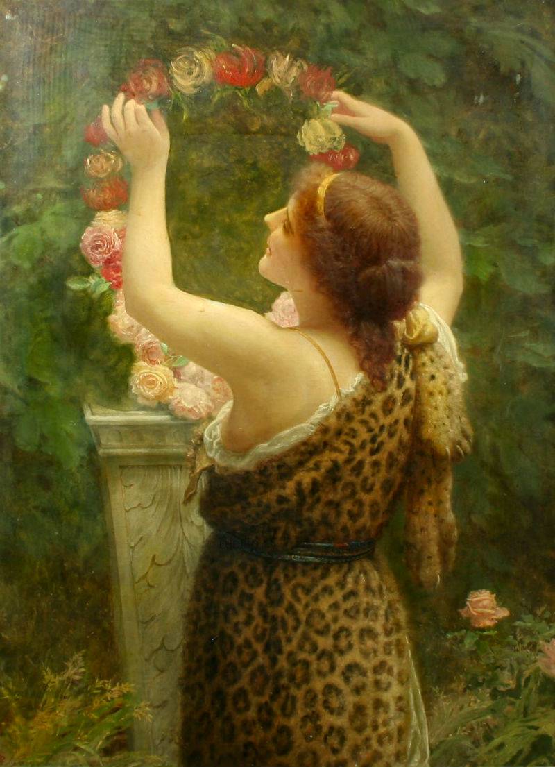 Woman with a Floral Wreath in a Leopard Dress, vintage artwork by Charles Edward Perugini, 12x8" (A4) Poster