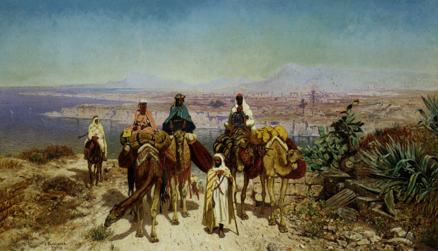 An arab caravan above Tunis, vintage artwork by Edmund Berninger, 12x8" (A4) Poster
