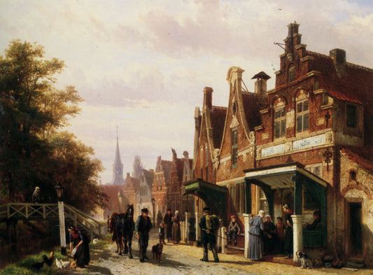 Street Scene with Figures, vintage artwork by Cornelis Springer, A3 (16x12") Poster Print