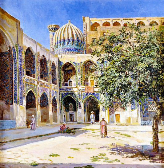 The Court Yard of the Sher-Dor Mosque in Samarkand, vintage artwork by Lev Boure, 12x8" (A4) Poster