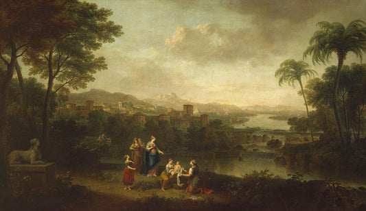 River Landscape with the Finding of Moses, vintage artwork by Francesco Zuccarelli, 12x8" (A4) Poster