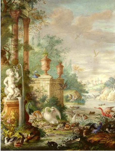 Scene of Exotic Birds in an Imaginary Palace, vintage artwork by Herman Henstenburgh, 12x8" (A4) Poster