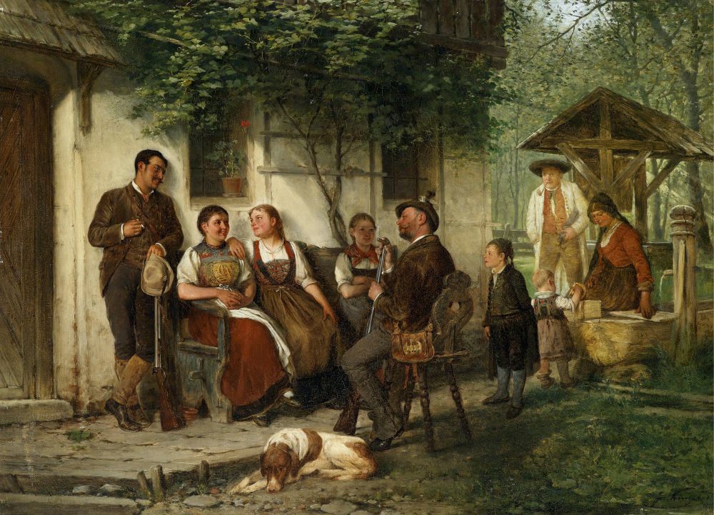 Family in front of the house, vintage artwork by Josef Kinzel, 12x8" (A4) Poster