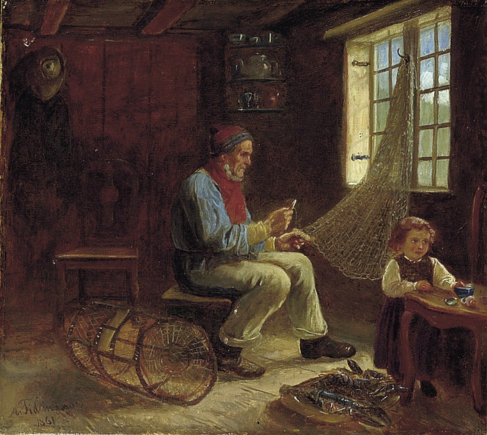 Fisherman and His Daughter, vintage artwork by Adolph Tidemand, A3 (16x12