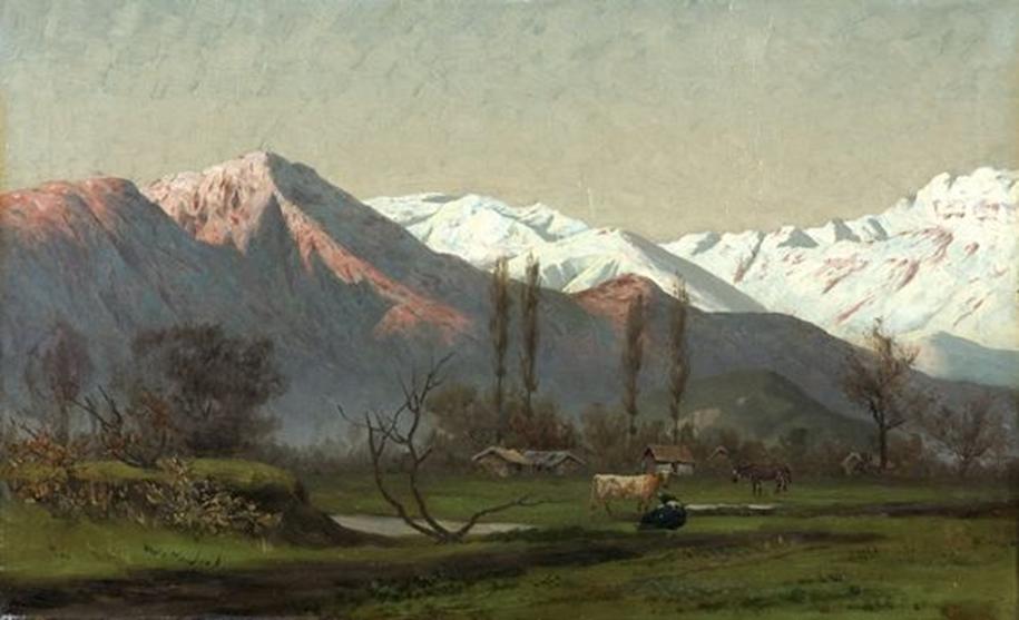 Landscape with mountain range and cattle, vintage artwork by Pedro Lira, 12x8" (A4) Poster