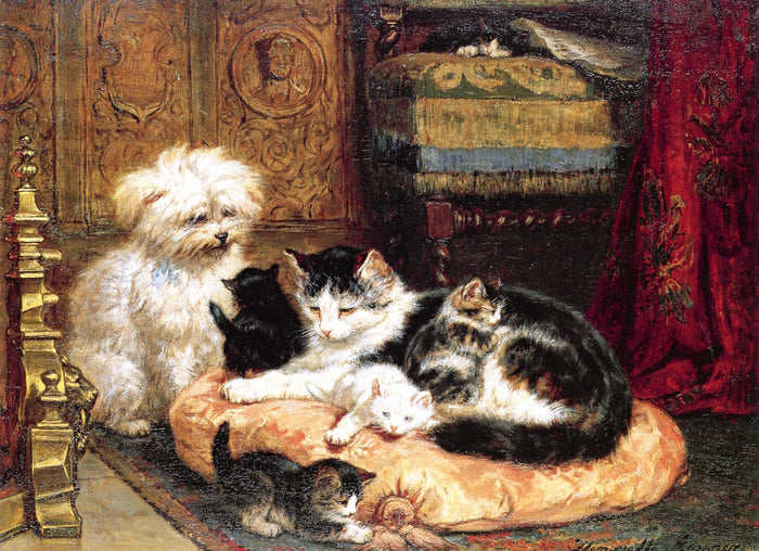 A Cat with Her Four Kittens with a Friendly Dog, vintage artwork by Henriette Ronner-Knip, A3 (16x12