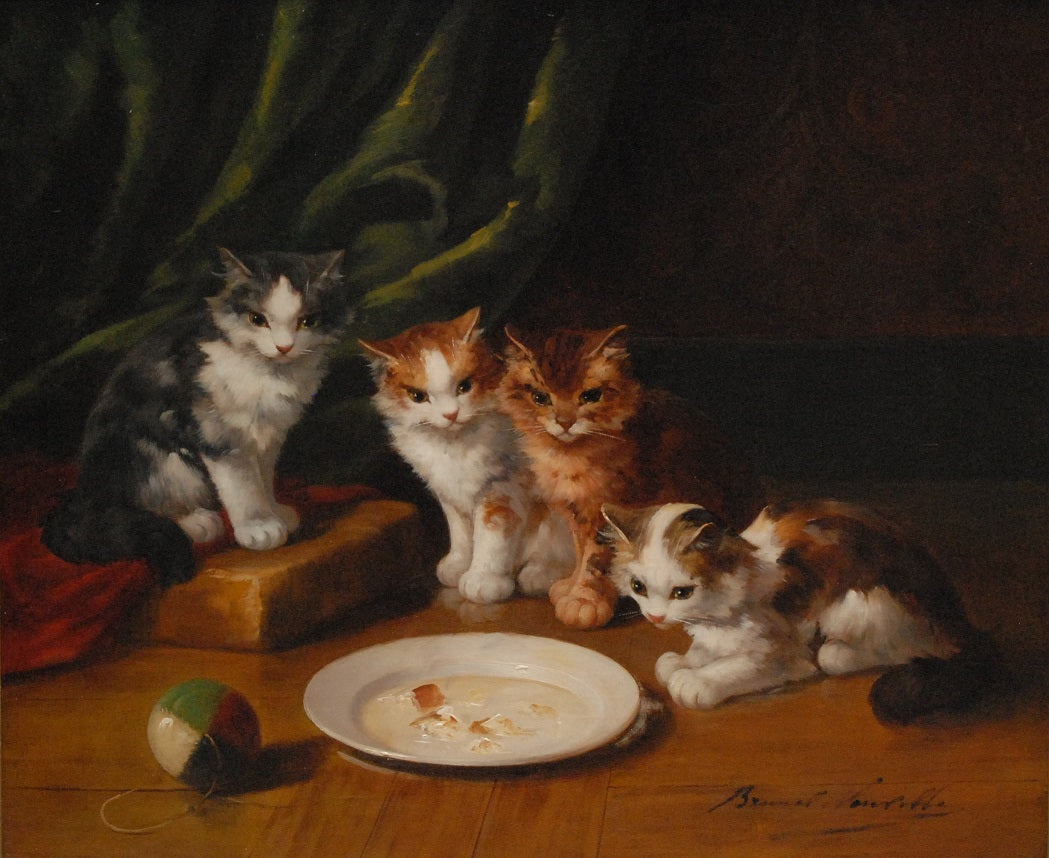 kittens with a dish of milk by Alfred Brunel de Neuville,A3(16x12")Poster