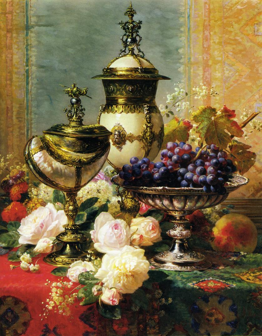 A Still Life with Roses, Grapes and A Silver Inlaid Nautilus Shell, vintage artwork by Jean Baptiste Robie, A3 (16x12") Poster Print