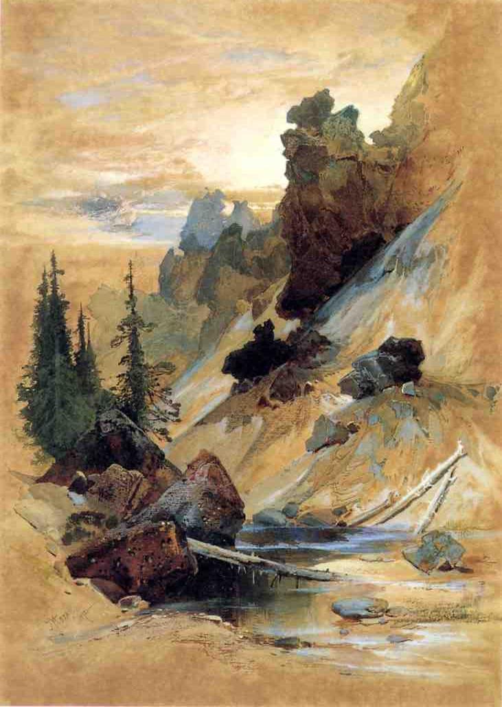 The Devils Den on Cascade Creek, vintage artwork by Thomas Moran, 12x8" (A4) Poster