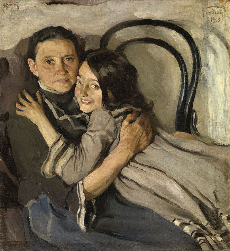 Portrait of the Artist's Mother and Sister, vintage artwork by Isaak Brodsky, 12x8" (A4) Poster