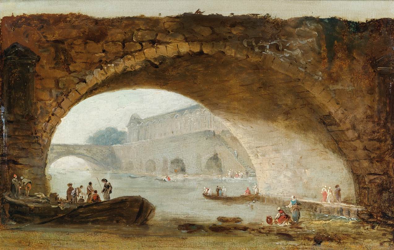 Imaginary View of the Louvre through the Arch of a Bridge, vintage artwork by Hubert Robert, 12x8" (A4) Poster