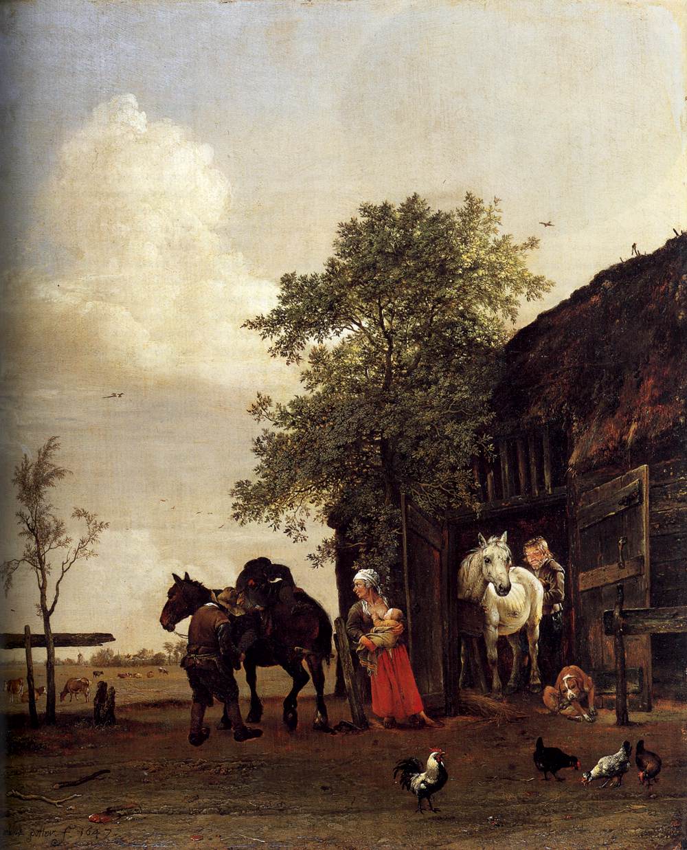 Figures with Horses by  a Stable, vintage artwork by Paulus Potter, 12x8" (A4) Poster