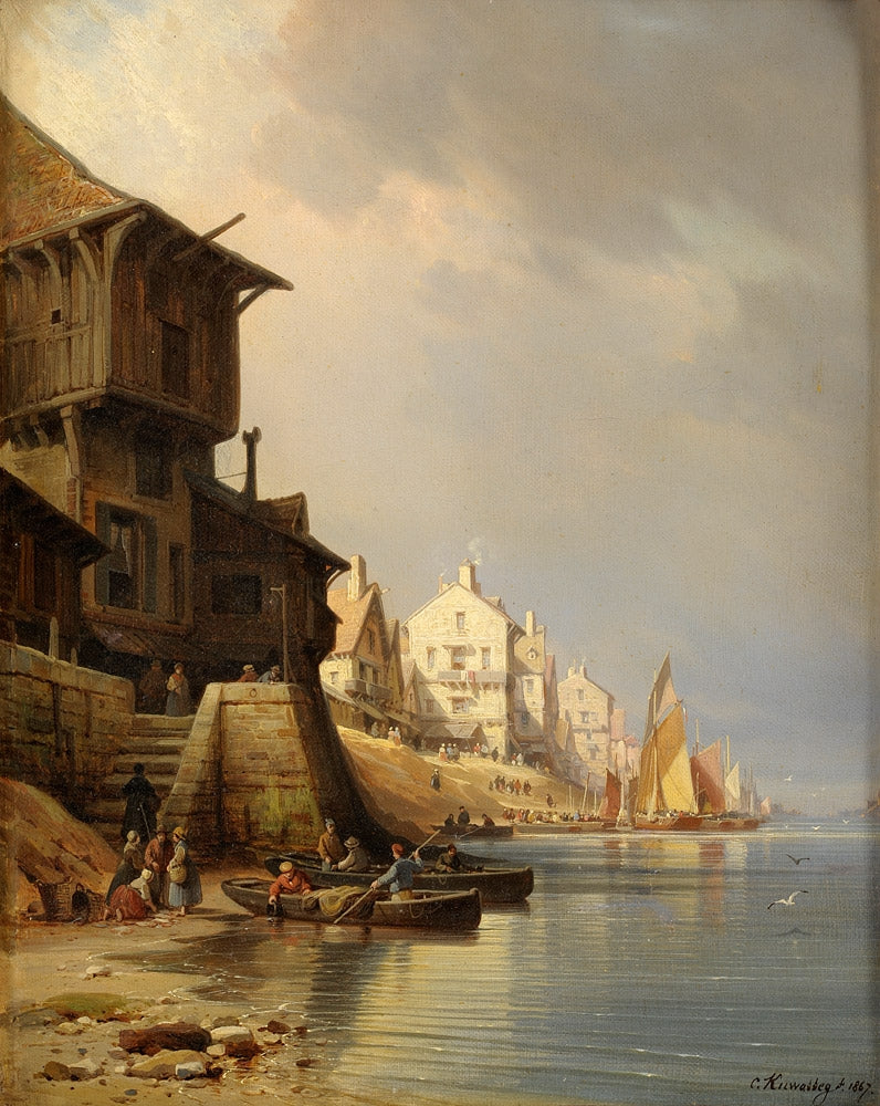 French port town, vintage artwork by Charles Euphraisie Kuwasseg, 12x8" (A4) Poster