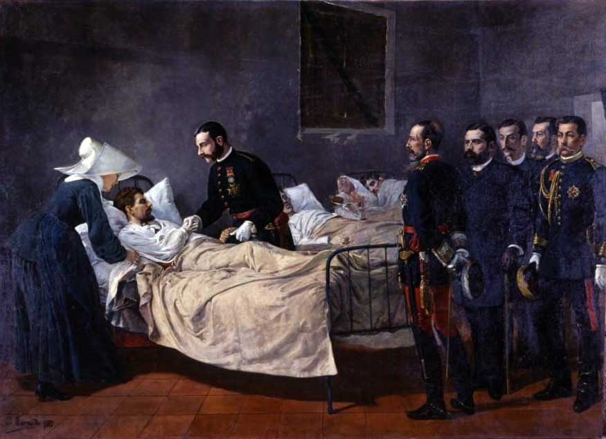 Alfonso XII Visiting Hospital in Aranjuez, vintage artwork by Jose Bermudo Mateos, 12x8" (A4) Poster