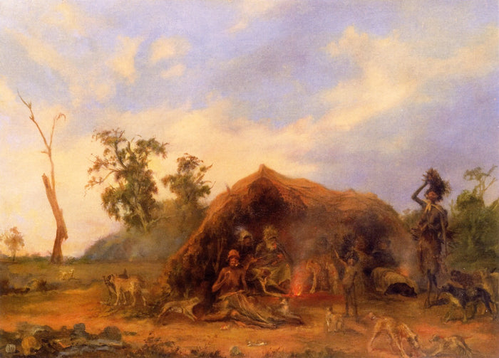 Native Encampment in South Australia, vintage artwork by Alexander Schramm, A3 (16x12