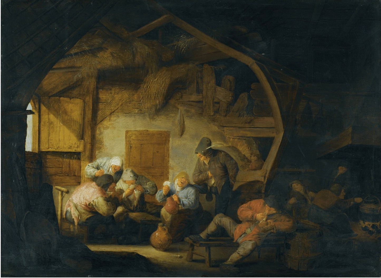 The Interior of a Barn with Peasants Playing Cards around a Stool, vintage artwork by Adriaen van Ostade, 12x8" (A4) Poster