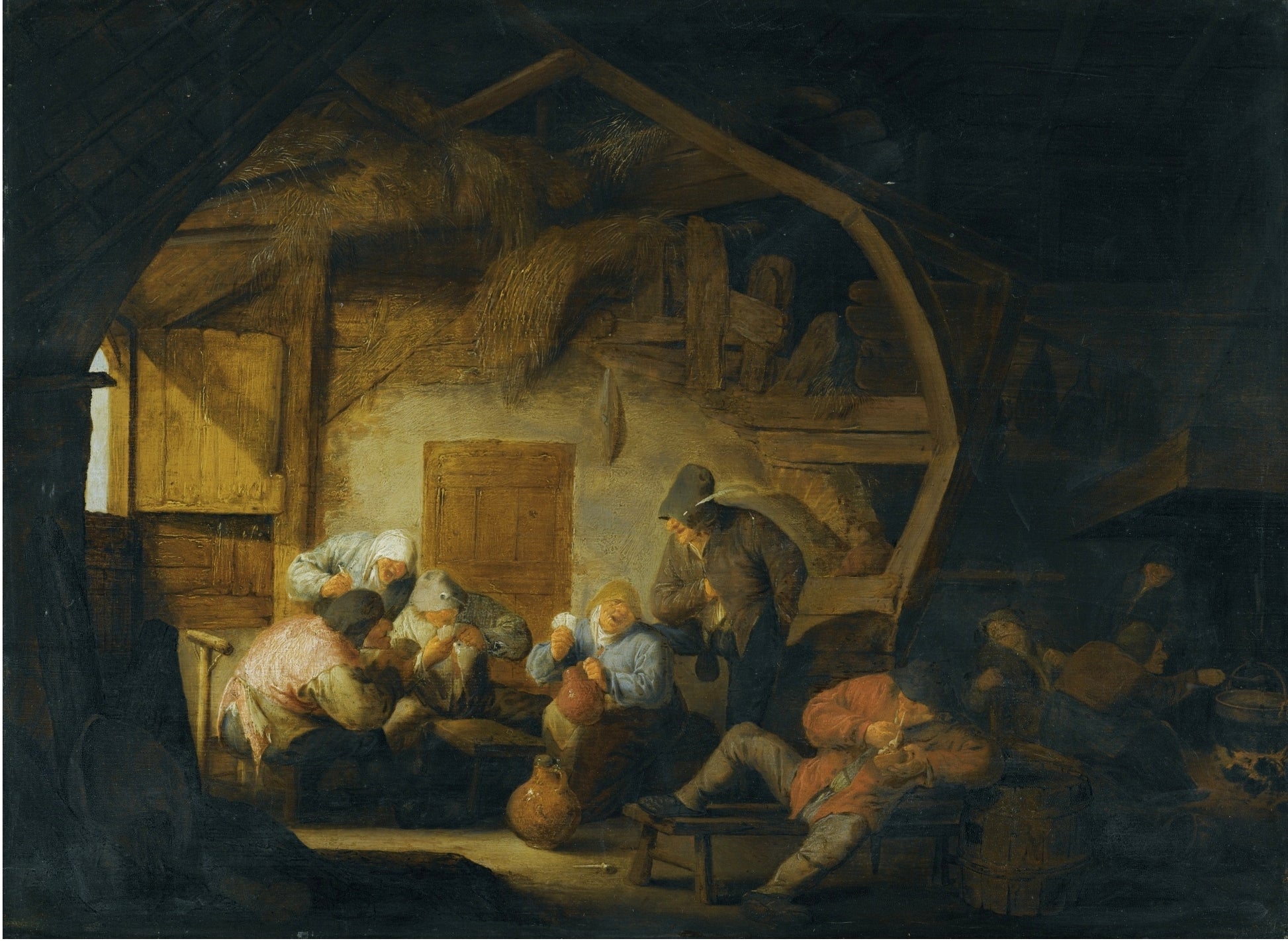 The Interior of a Barn with Peasants Playing Cards around a Stool, vintage artwork by Adriaen van Ostade, 12x8" (A4) Poster