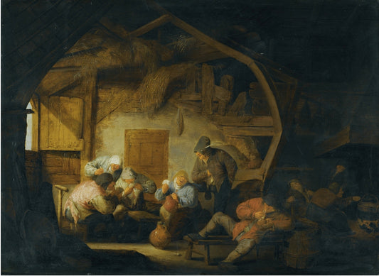 The Interior of a Barn with Peasants Playing Cards around a Stool, vintage artwork by Adriaen van Ostade, 12x8" (A4) Poster