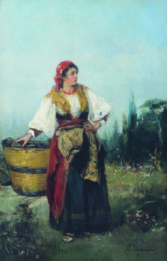 Woman with a Basket, vintage artwork by Pavel Svedomsky, 12x8" (A4) Poster